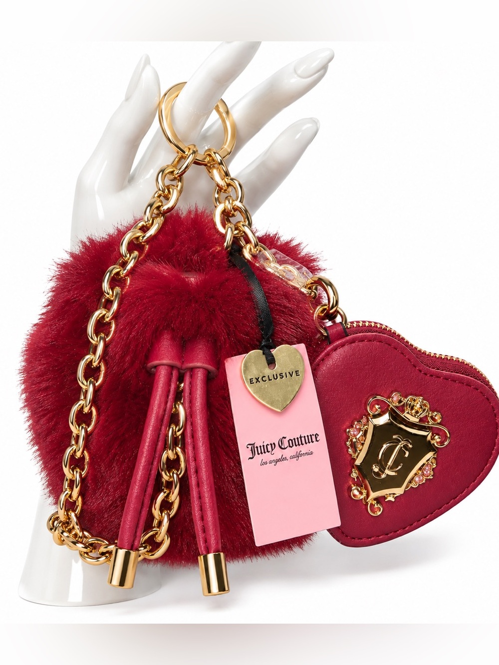 Juicy Couture Exclusive Faux Fur Heart Bag Charm Keychain Gold Chain NWT